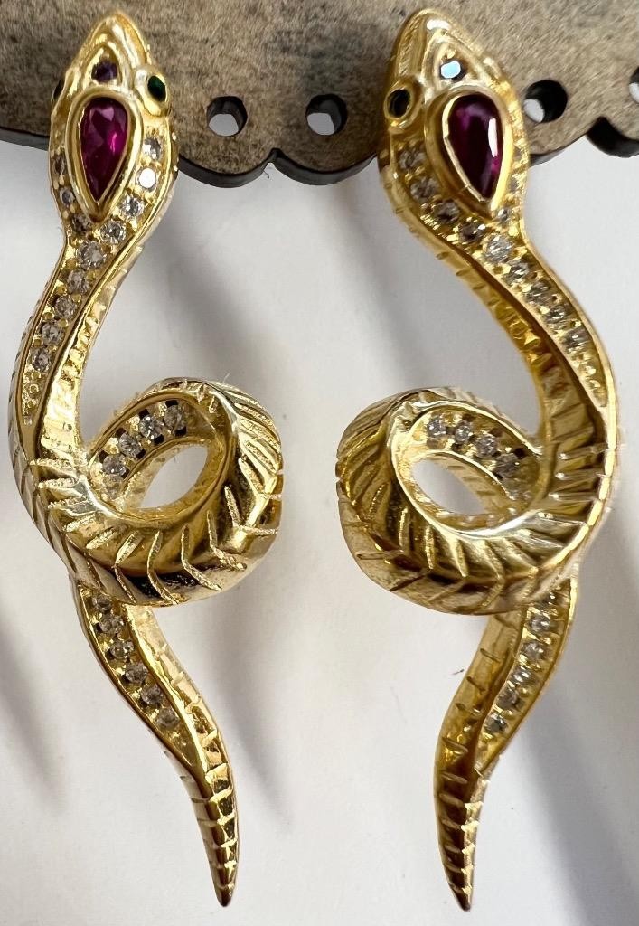 REAL Diamond Ruby Snake Earrings 14K Gold on SOLID 925 Victorian Egyptian Rev YG