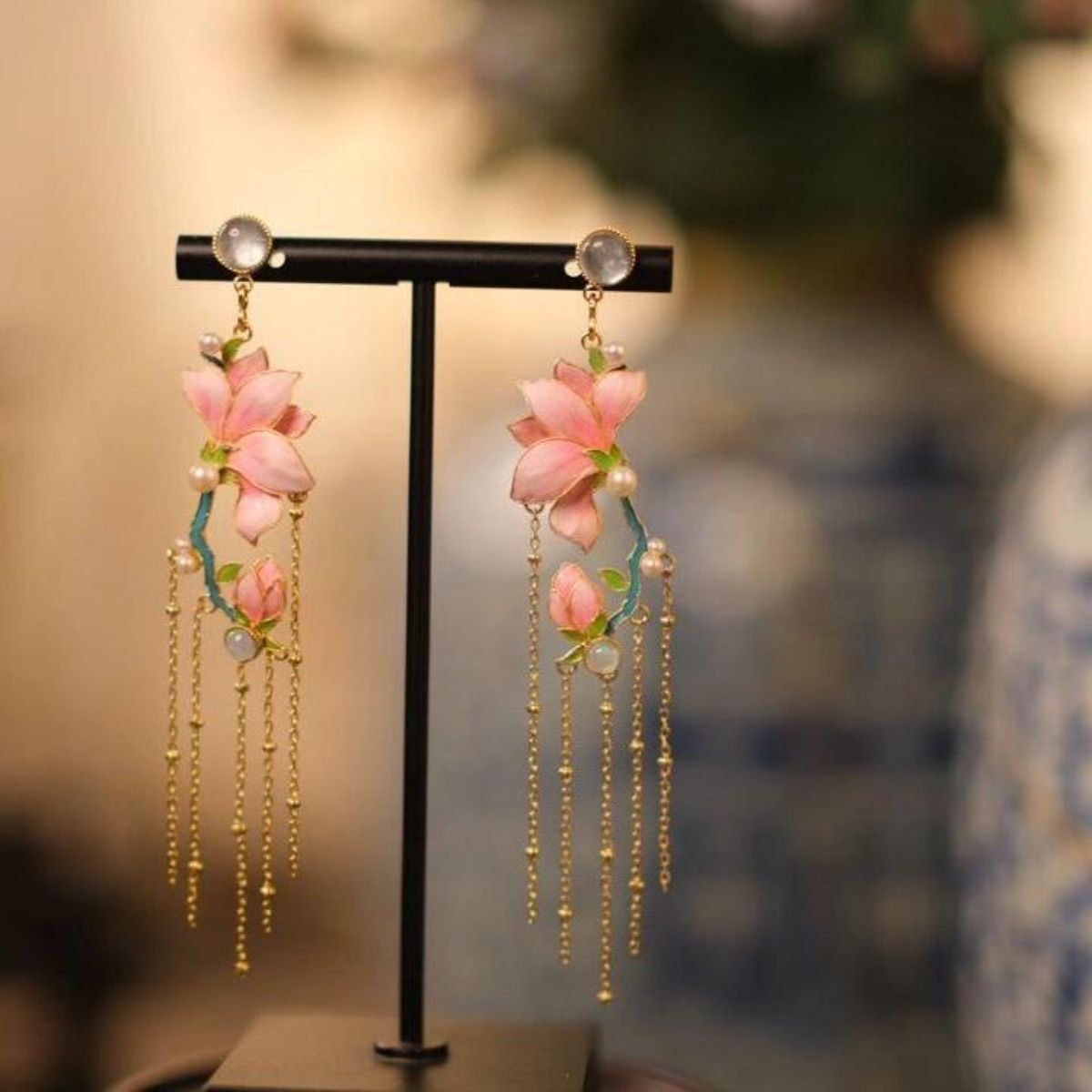 New Blue Enamel Magnolia Stud Earrings Chinese Ethnic