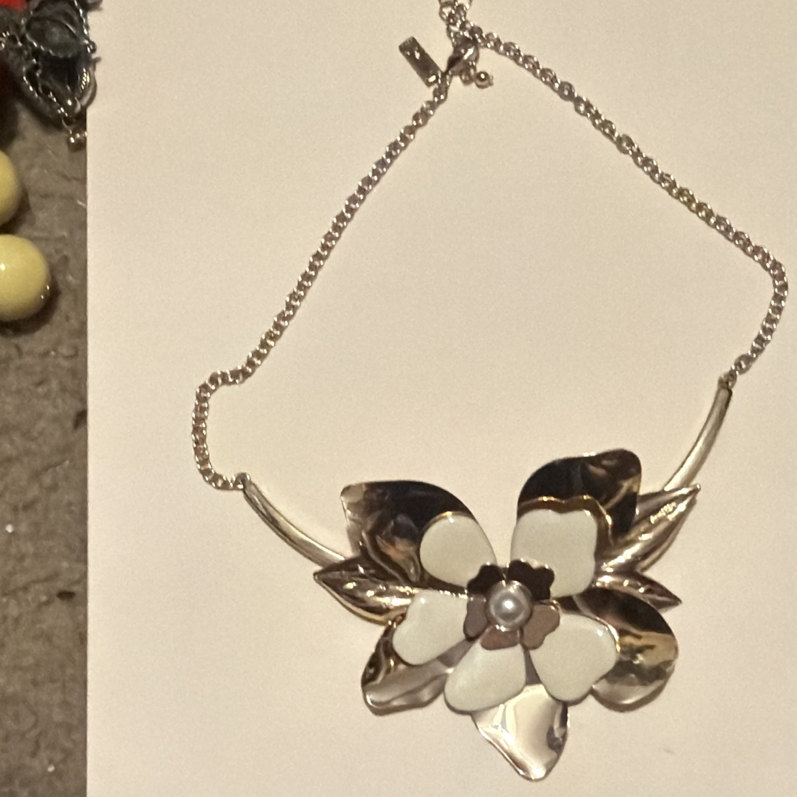 Silver Tone Flower Pendant Necklace, White Enamel & Imitation Pearl, Adjustable
