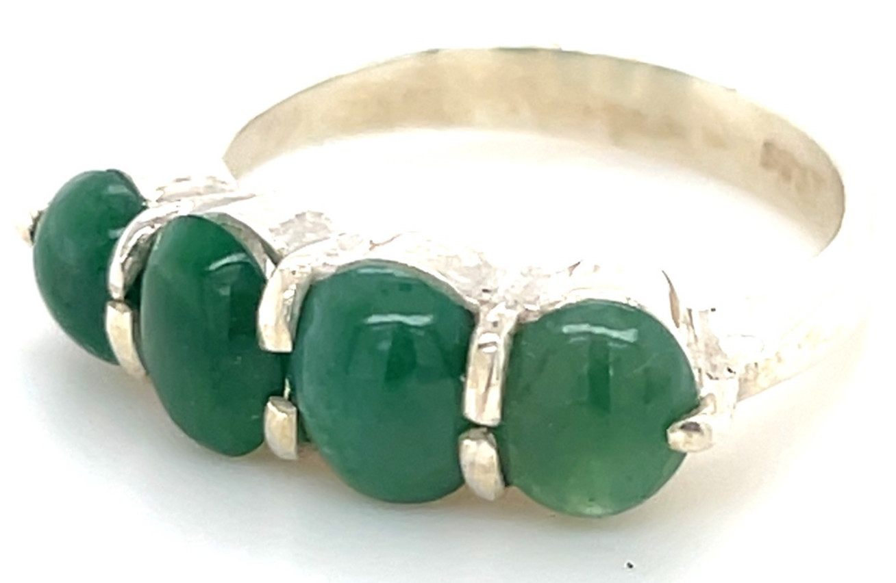 Type A Imperial Green Jadeite 4-Stone Ring 925 Silver Sz7.5