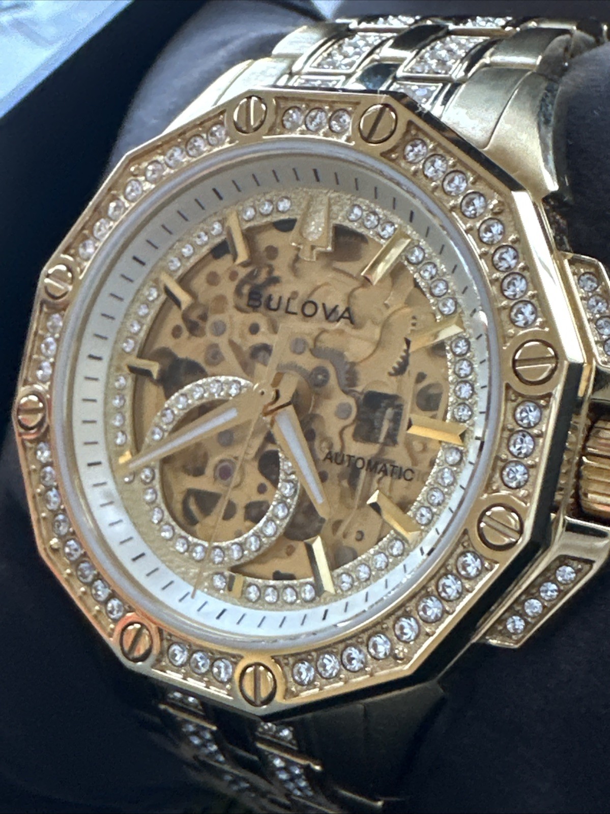 Bulova Men’s Crystal Automatic Skeleton Gold Stainless Steel Watch 42 MM 98A292