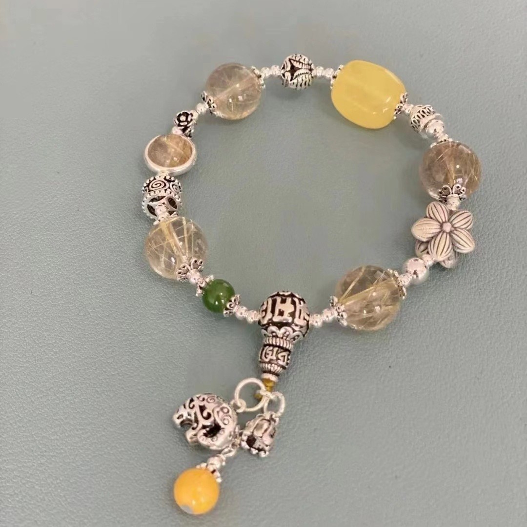 Natural Golden Rutilated Quartz Beeswax Amber S925 Silver Handmade Bracelet