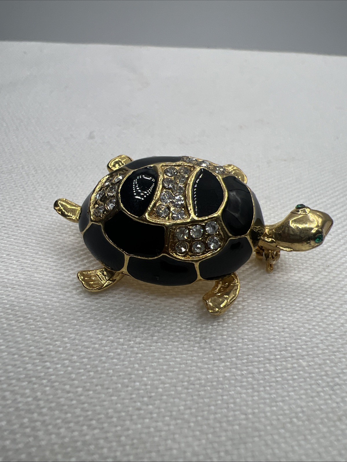 Vintage Turtle Black and Gold Tone Rhinestone and Enamel Brooch Pin Green Eyes