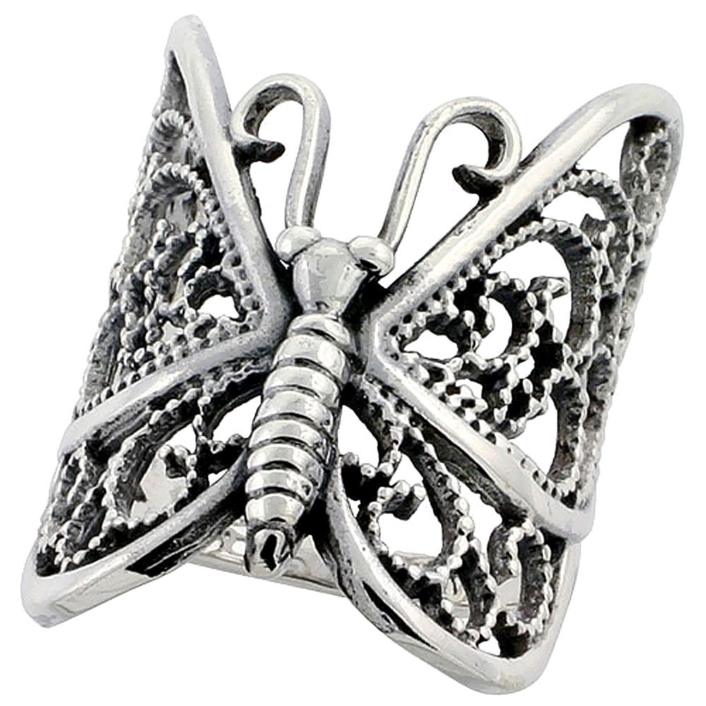 925 Sterling Silver Detailed Butterfly Ring for Women 1 1/4 Inch (31mm) Wide