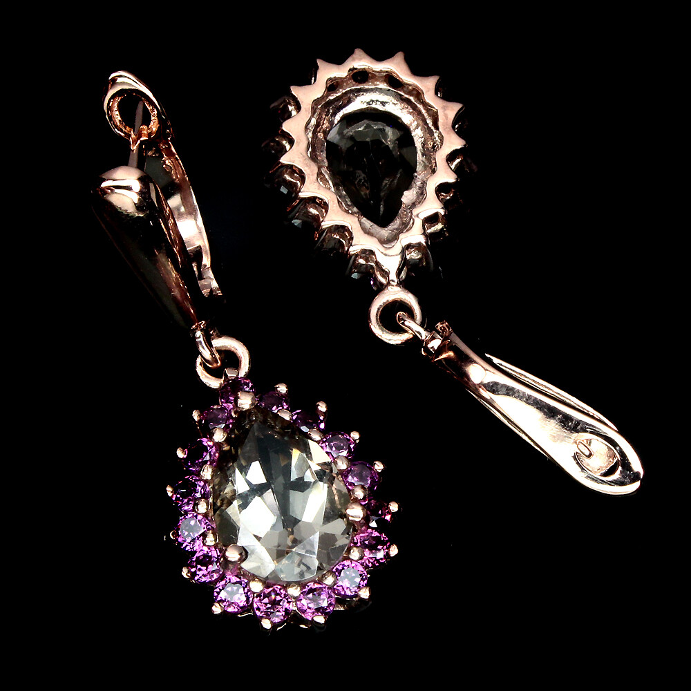 925 Sterling Silver Ring Pear Smoky Quartz Rhodolite Garnet Gemstone Jewelry