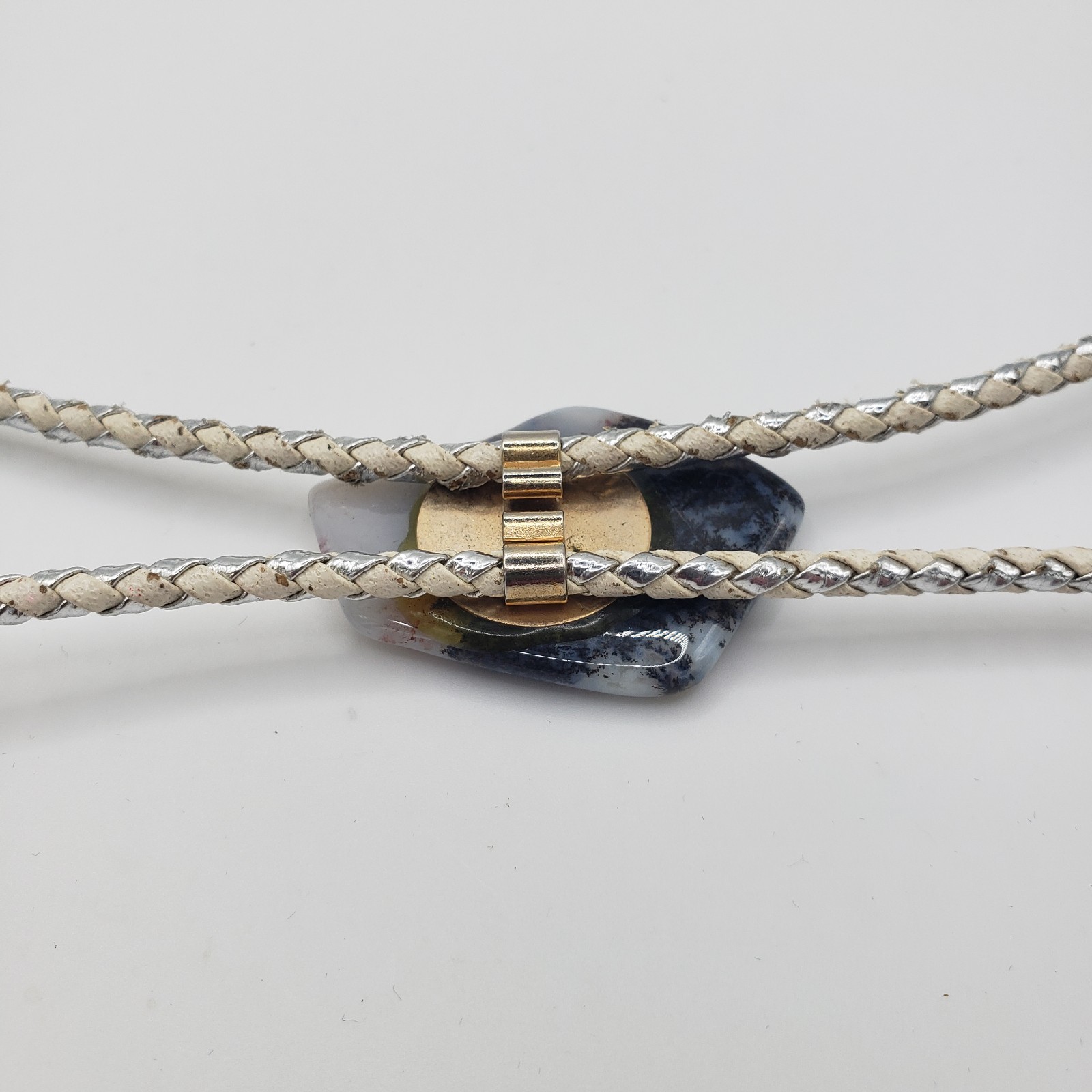 Vintage Dendritic Agate Bolo Tie Braided White/Silver Leather Cord Western Style