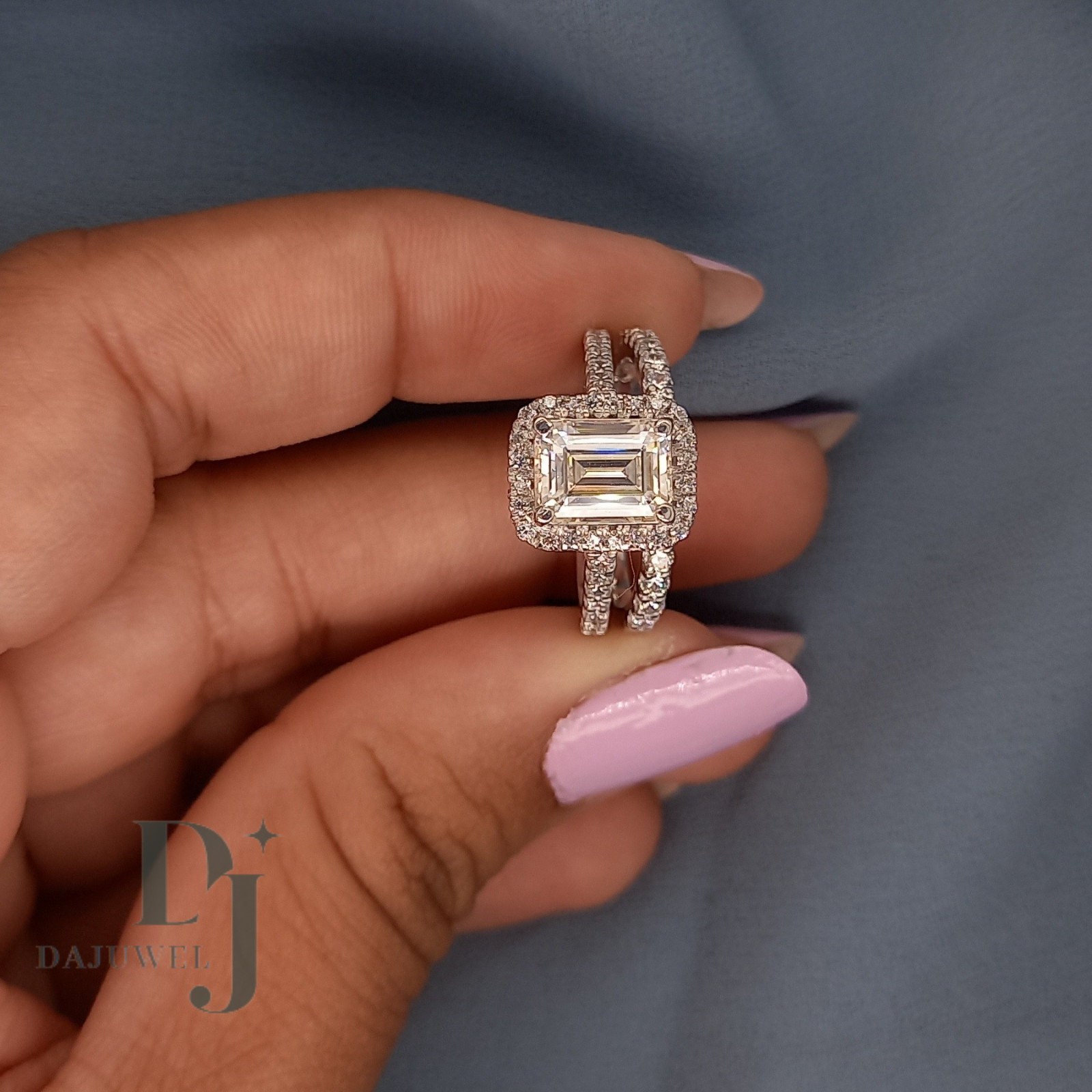 2.50 CT Emerald Cut Moissanite Bridal Set Engagement Ring Solid 14K White Gold