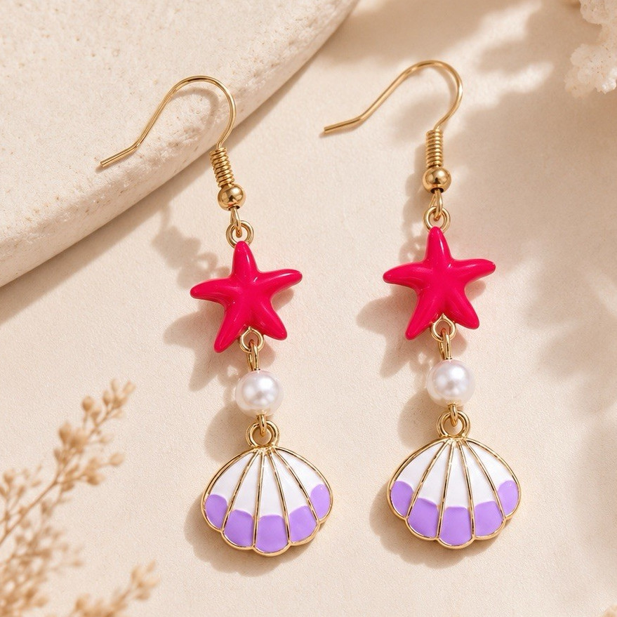 Gold Tone Enamel Pink Purple Starfish Seashell Hook Dangle Drop Earrings
