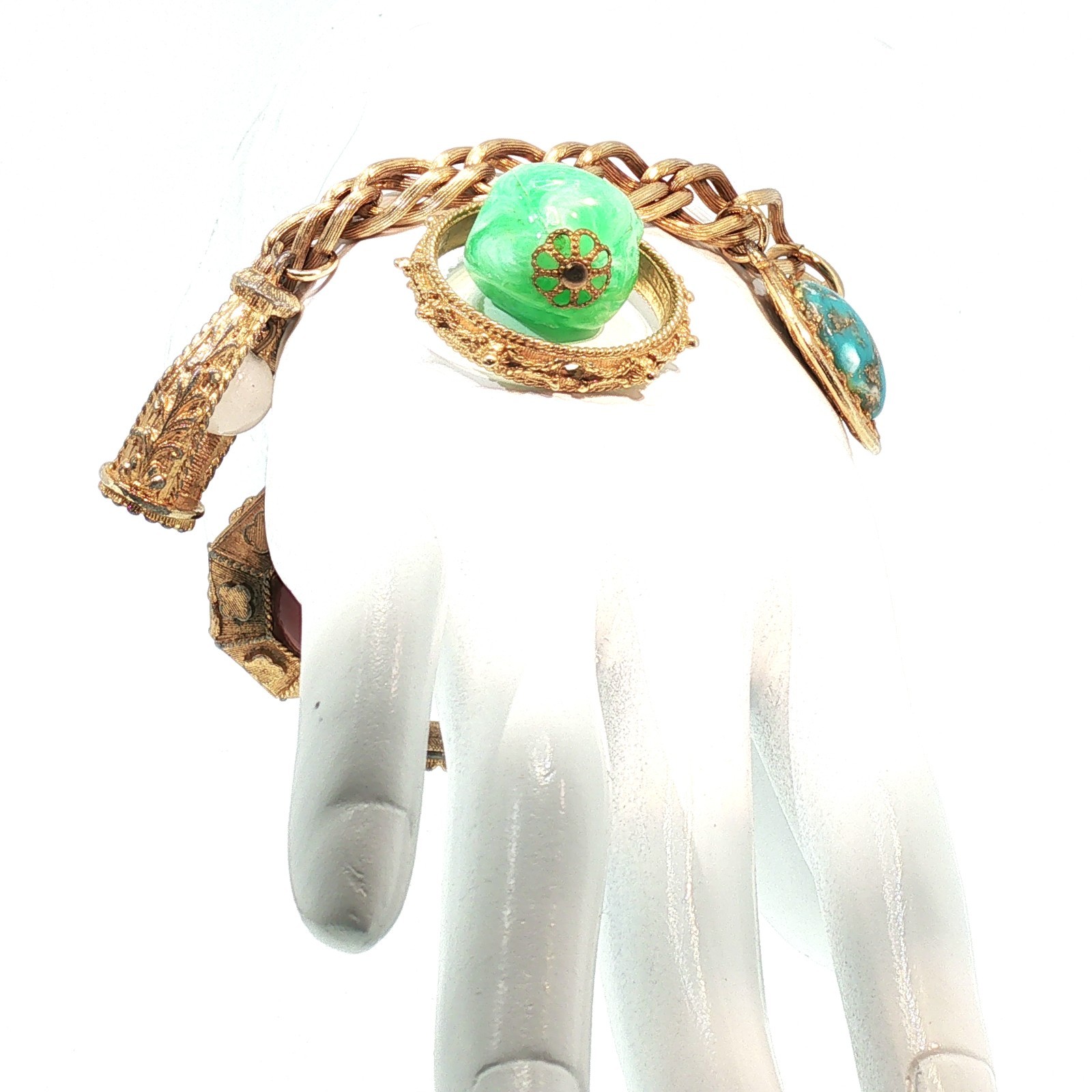 Vintage Etruscan Revival Charm Bracelet Gold Tone Curb Chain Fob Lantern 50s 60s