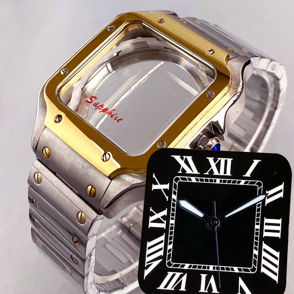 42mm Silver Gold Square Watch Case 27mm Dial White Blue Black fit NH35 NH36 NH38