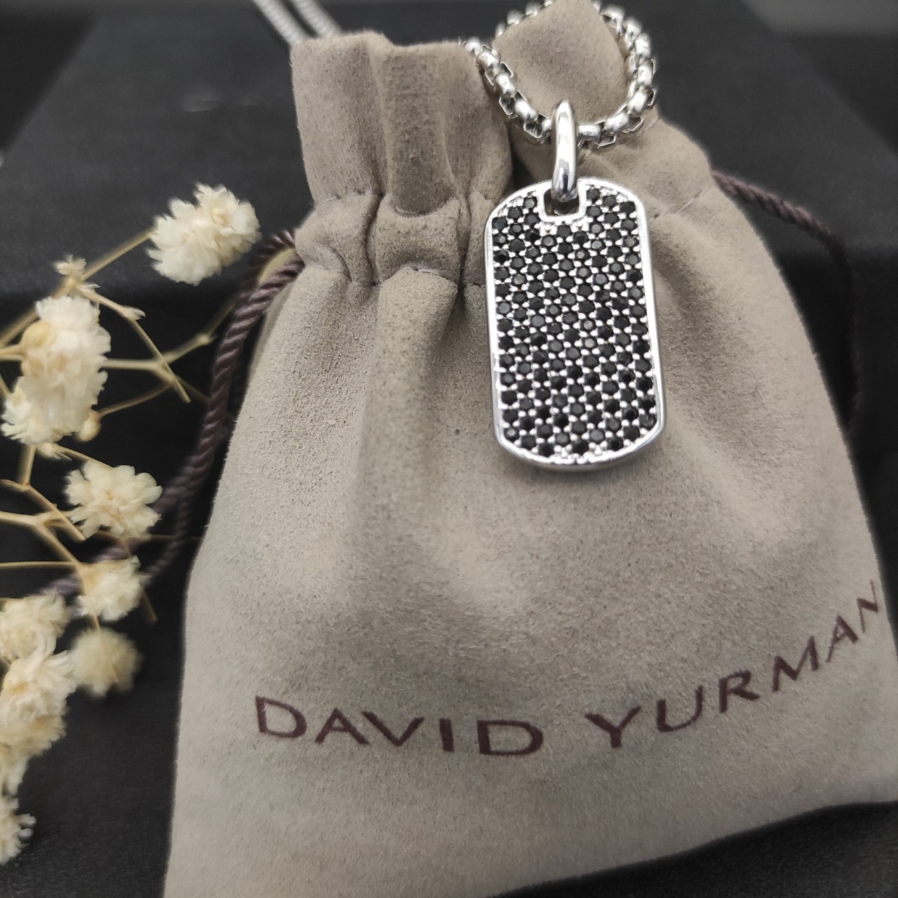David Yurman Black Diamond Dog Tag Pendant 925 Silver Box Chain Necklace 19.6IN