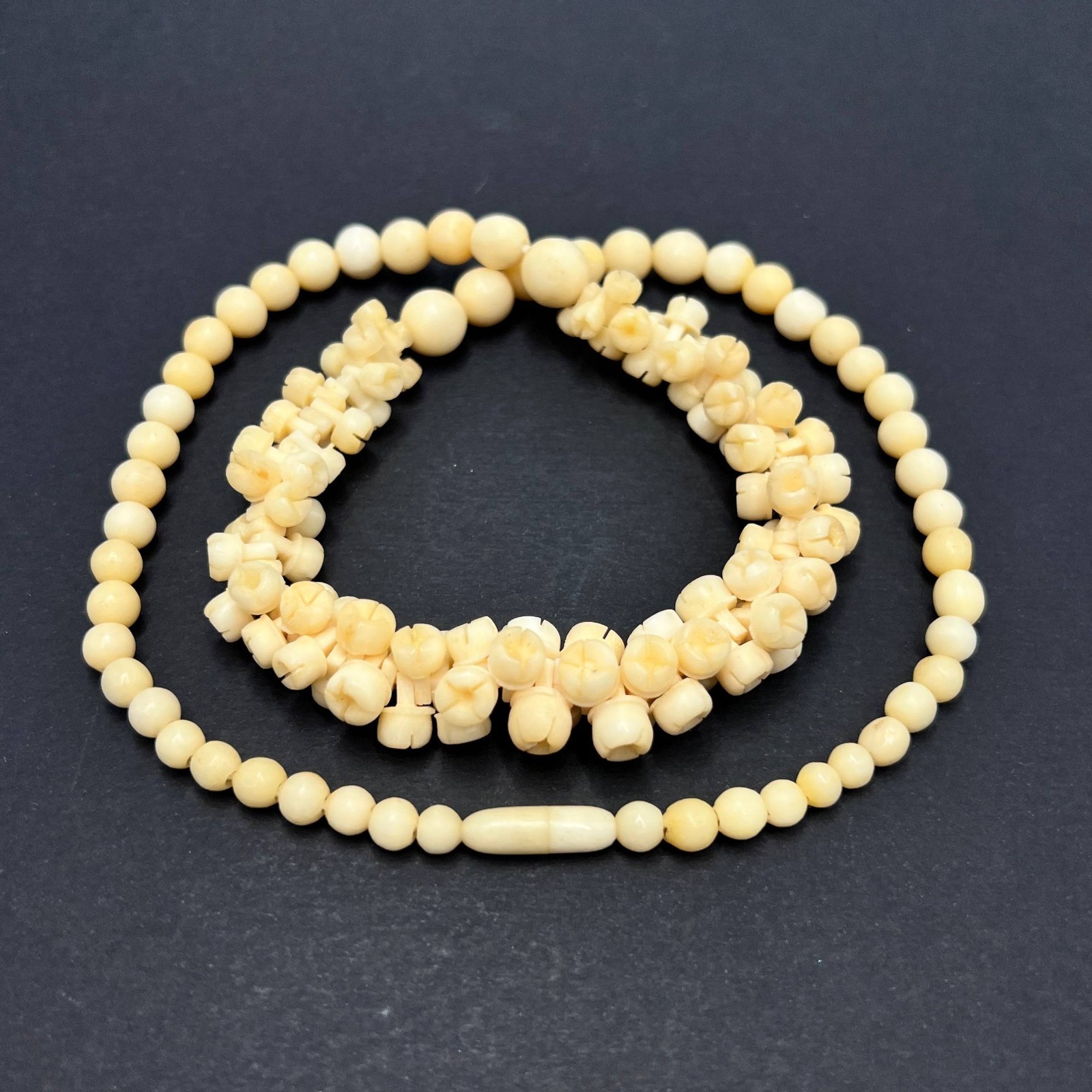 Vintage Hand-Carved Floral Bead Necklace Natural Organic Look Boho Jewelry