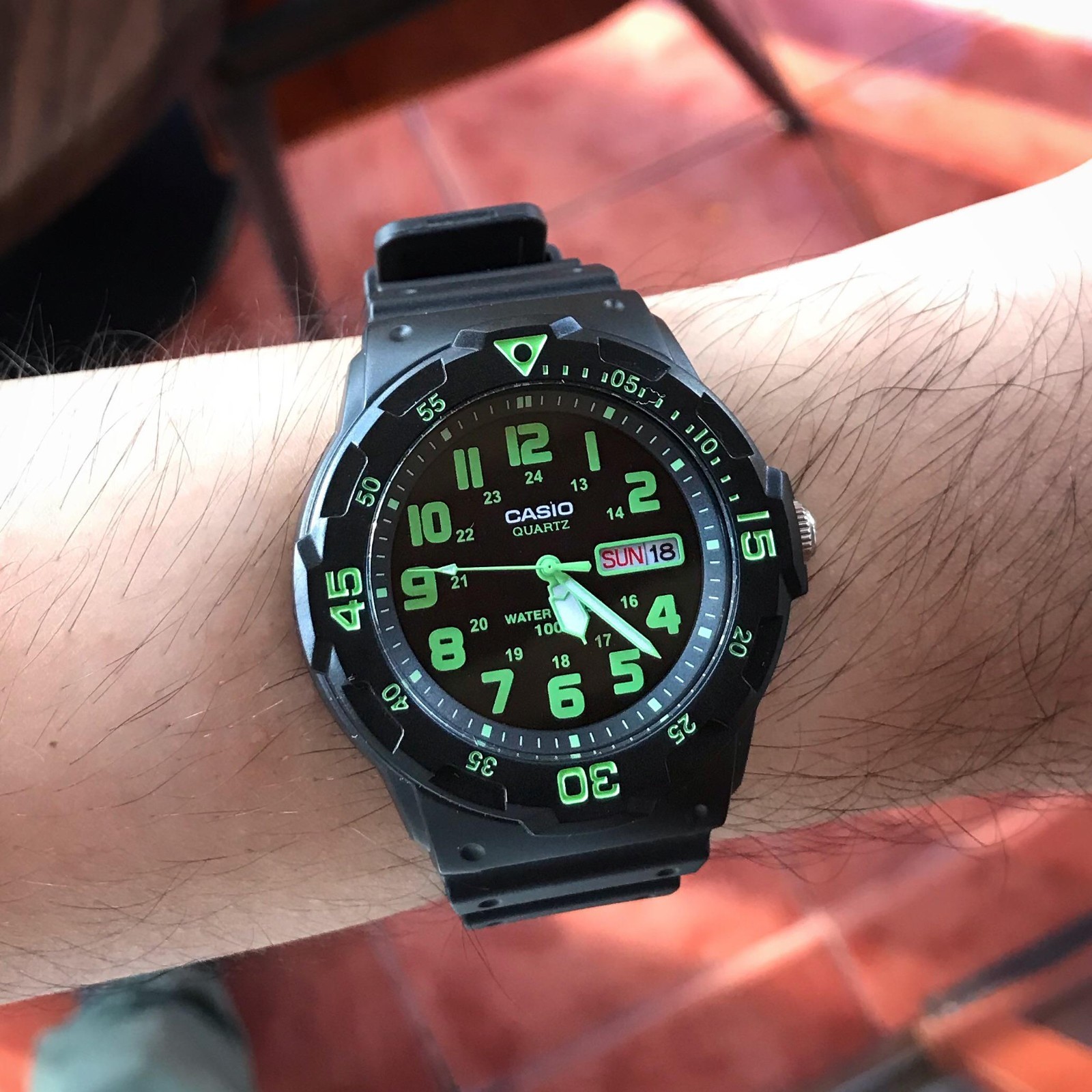 Casio MRW-200H-3BV Analog Watch 100M WR Day Date Green Dial Sport Dive Men