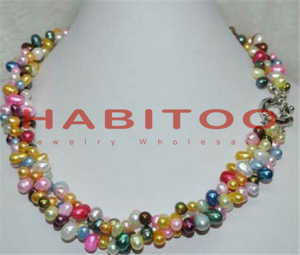 Multi-colored 3strands potato real freshwater pearl necklace for women
