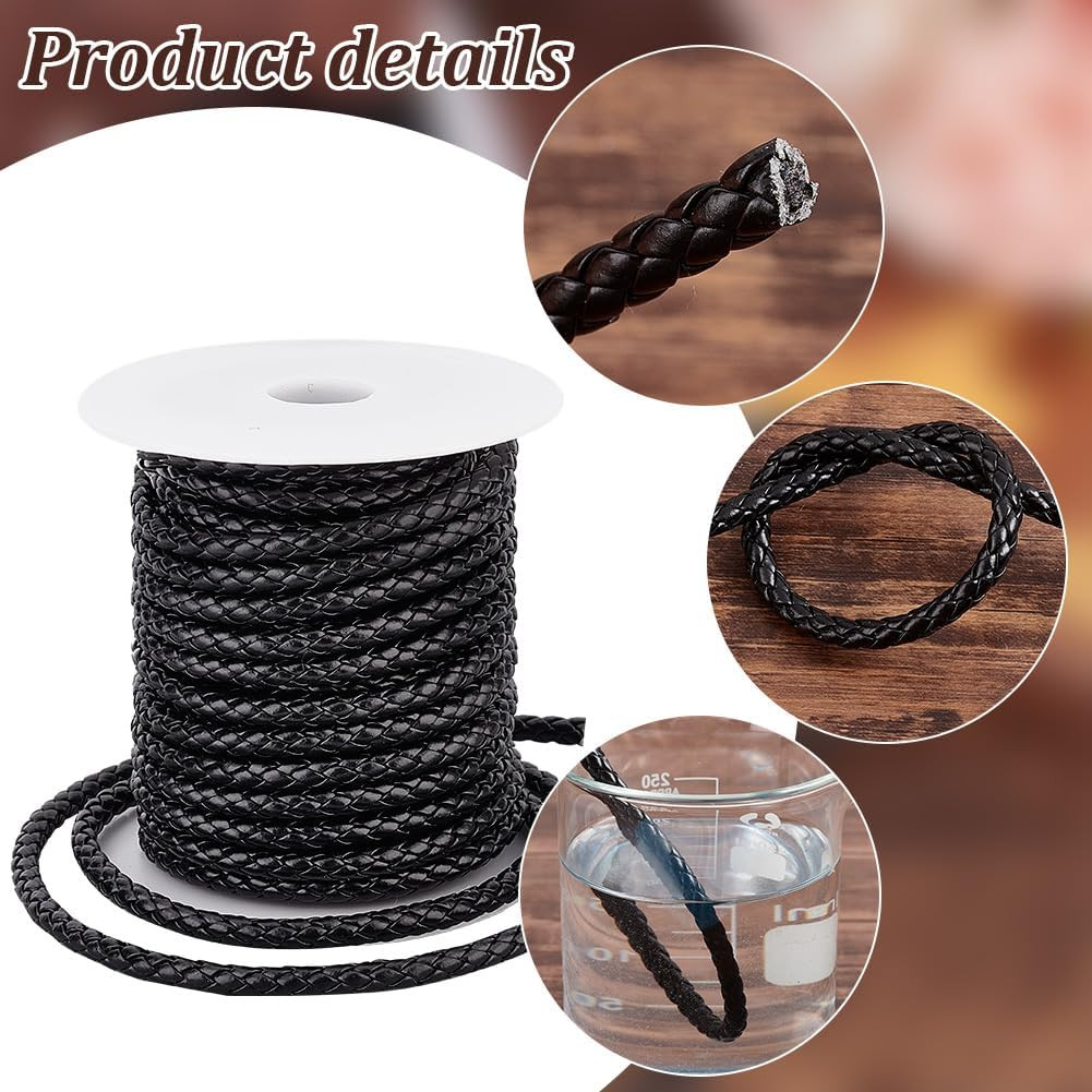 10.9 Yards Braided Leather Cord 5Mm round PU Leather Strap Black Leather String