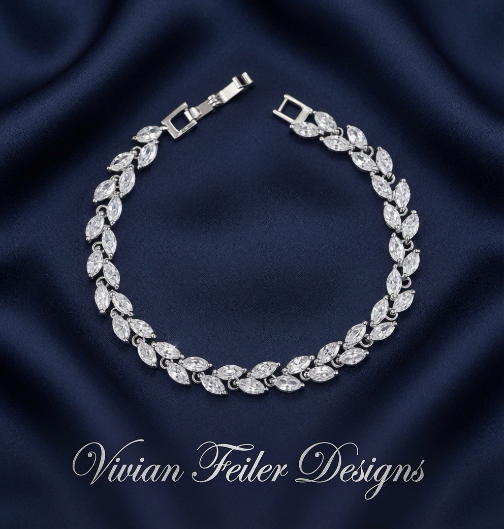 Bridal Tennis Bracelet Wedding Marquis Cut Leaf Vine CZ Silver, Gold, Rose Gold