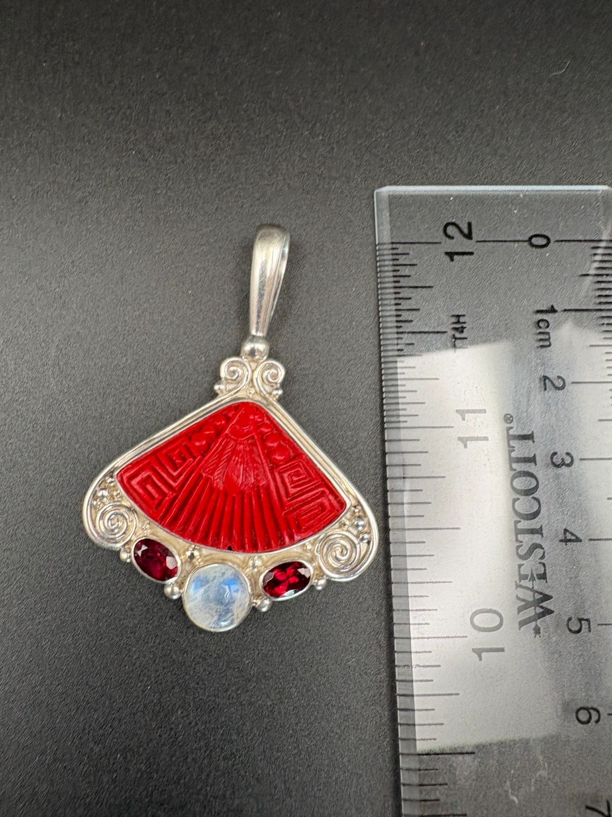 Sajen Sterling Silver Carved Cinnabar Fan Pendant with Moonstone & Garnet