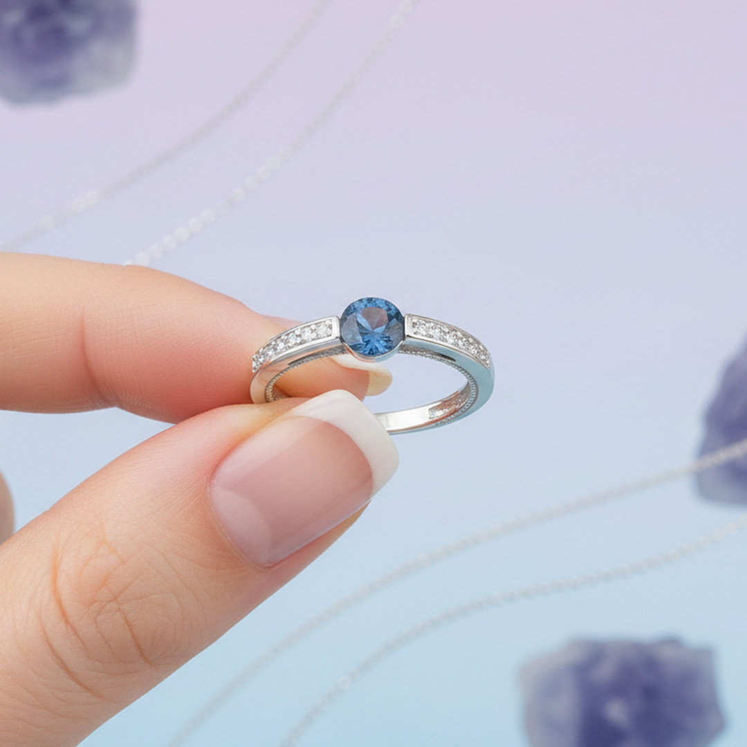 Color-Changing Fluorite Ring – 1.249ctw Blue Fluorite Solitaire with 12 Zircon