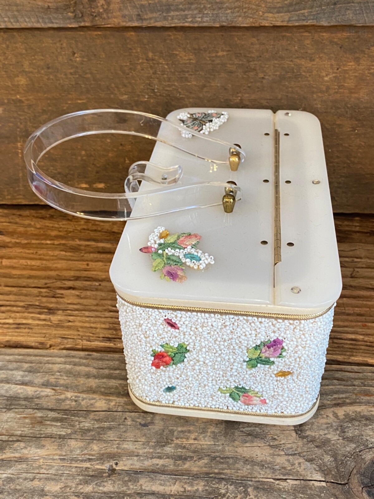 Vintage 50’s Midas of Miami Beaded Acrylic Lucite Purse Handbag Box