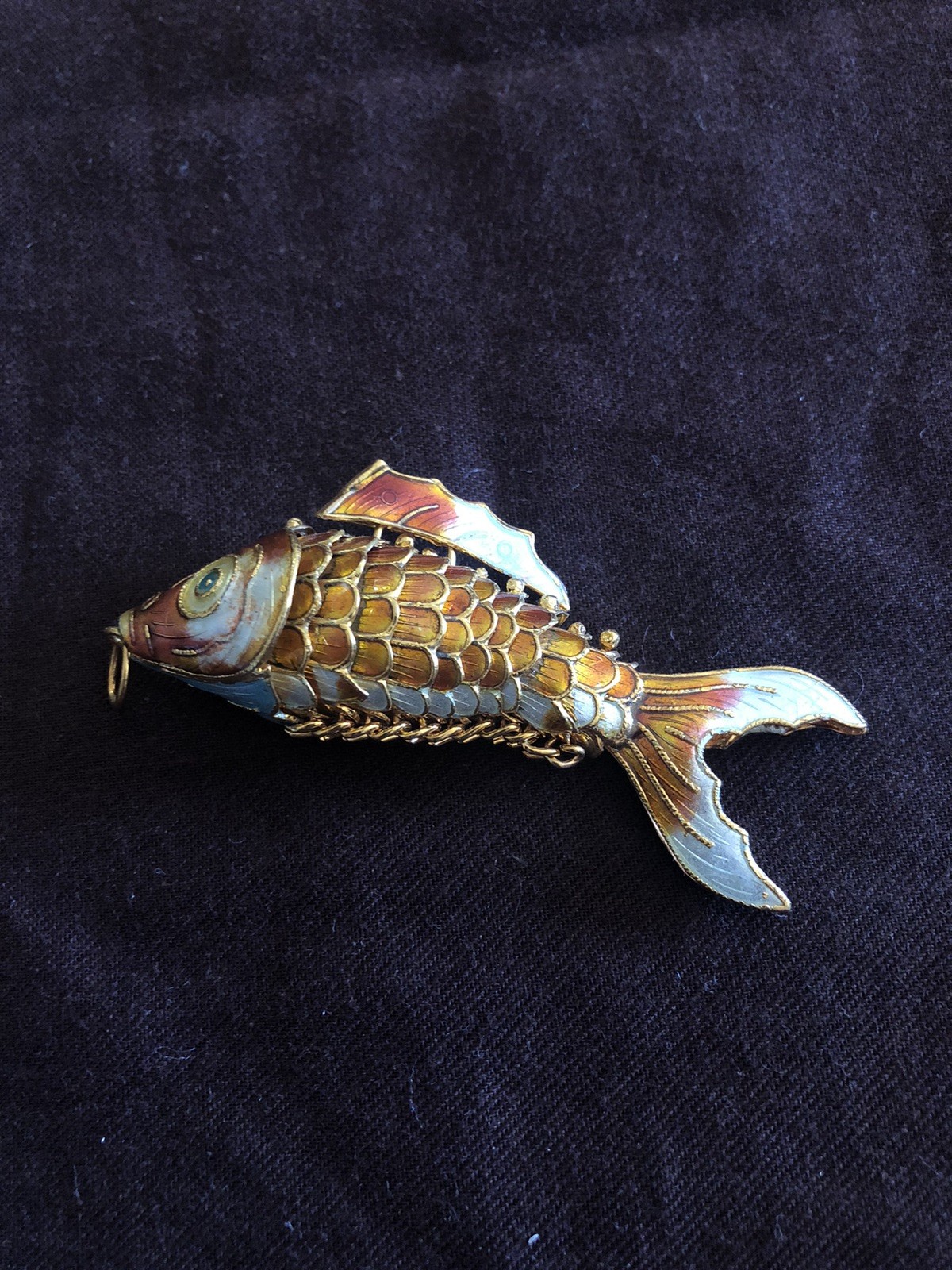 Cloisonne Enamel Articulated Orange Blue Goldtone Koi Fish Large 3.25″ Pendant
