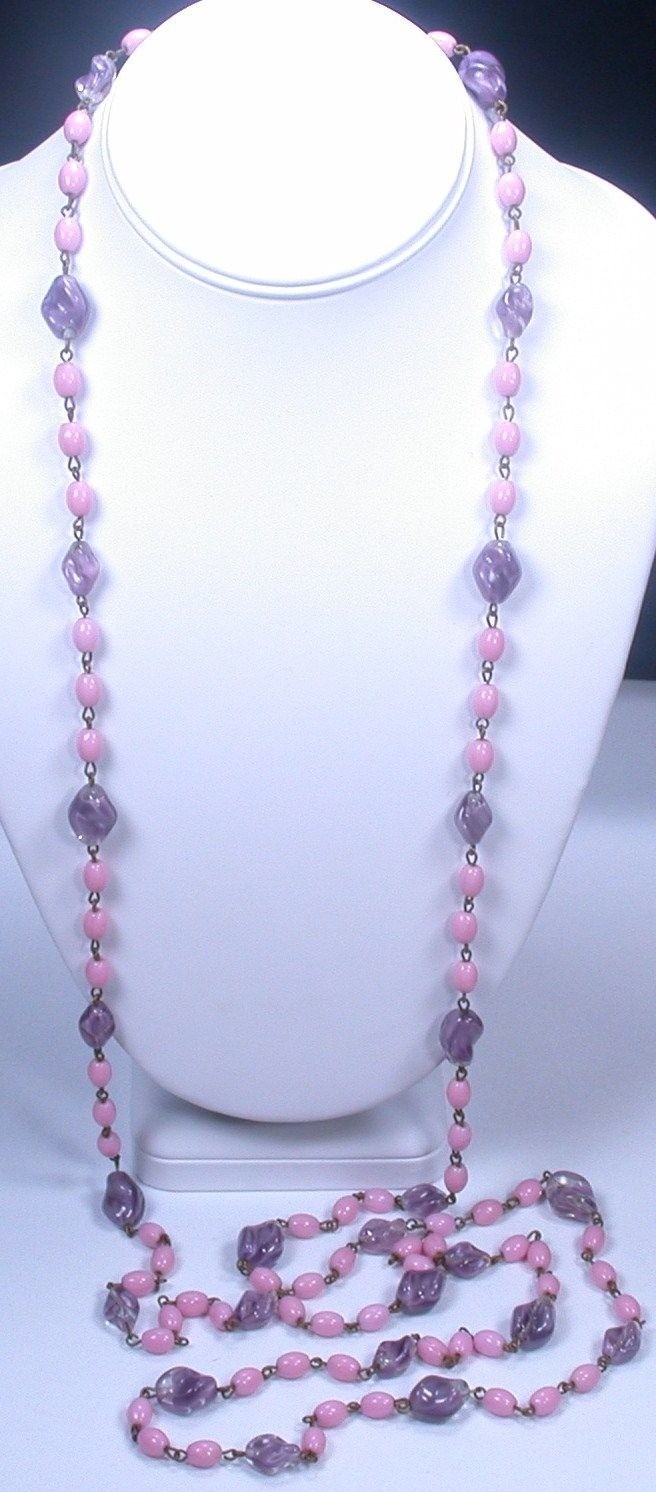 Art Deco Pink Purple Glass Sautoir Flapper Necklace