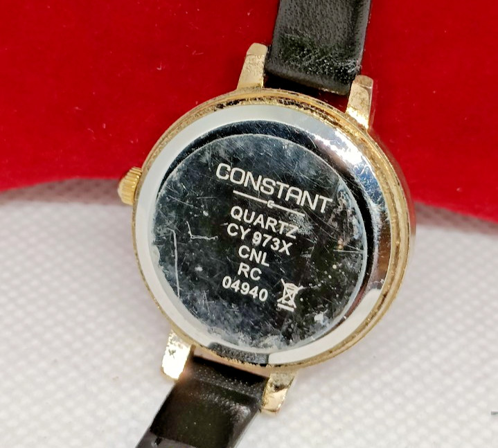 CONSTANT Women’s Gold Tone Black Leather Strap Quartz Watch – Working