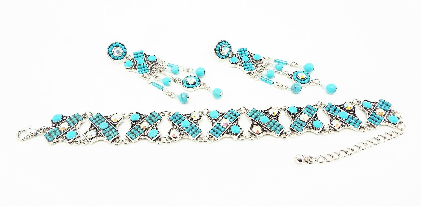 DESIGNER BLUE FAUX TURQUOISE CRYSTAL 6.5 in to 8.5 in BRACELET 2.75 in EARRINGS