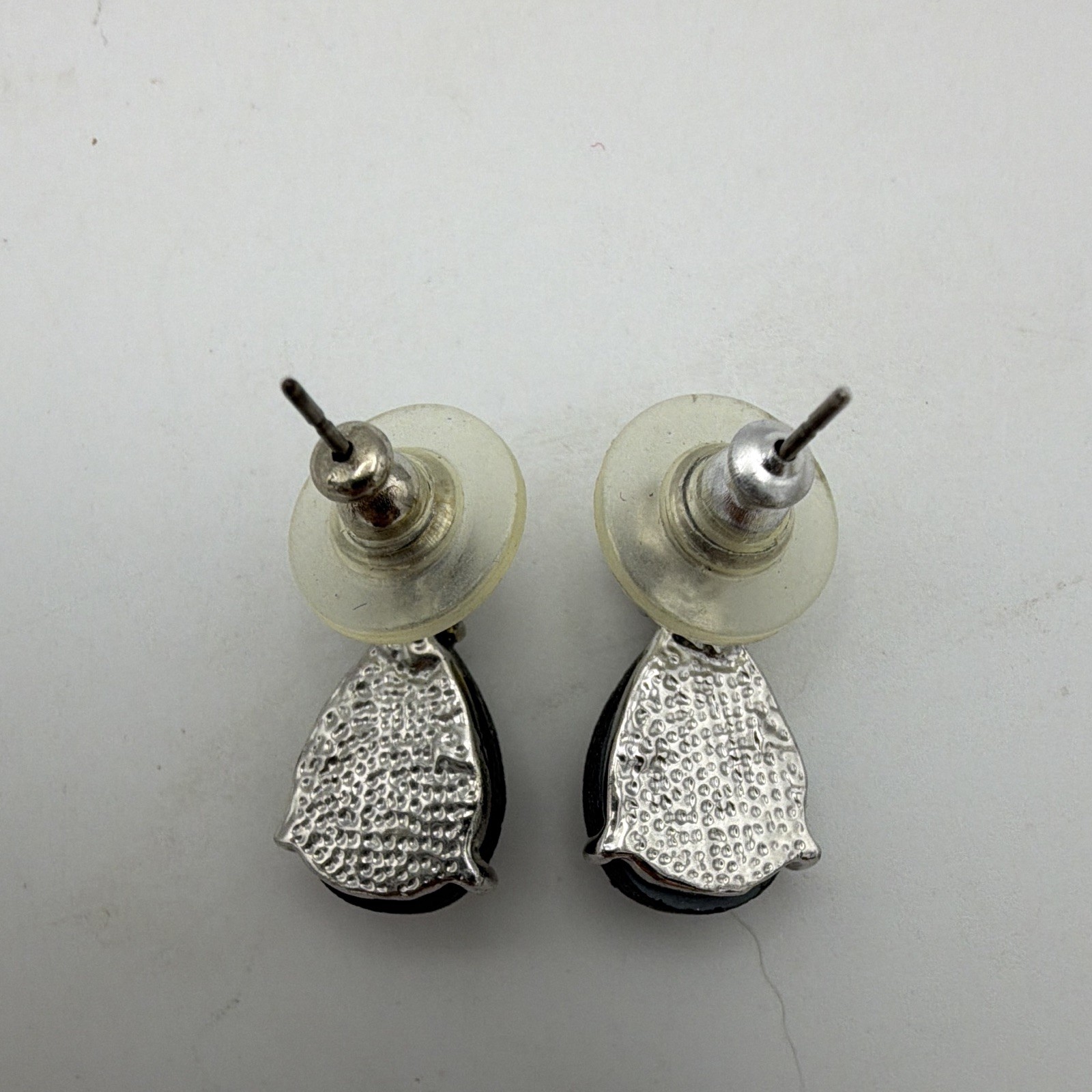 Silver Tone Black Teardrop Crystal Stud Drop Earrings Butterfly Closure .75”
