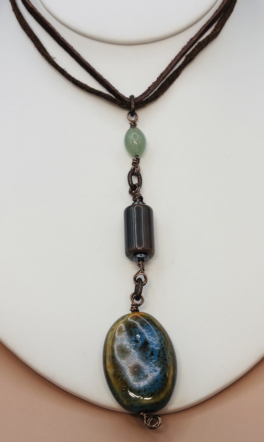 Vintage Artisan Handmade Necklace Speckled Blue Green Bead Pendant 18” Cord