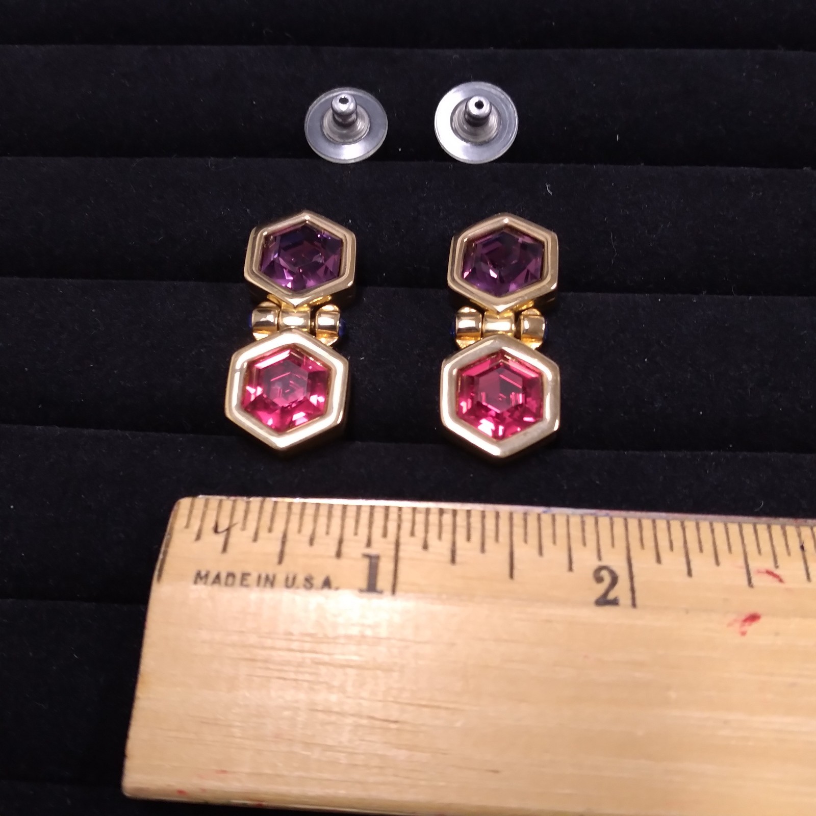 Swarovski Swan Purple Red Hexagon Shape Gold Tone Doorknocker Earrings Pierced