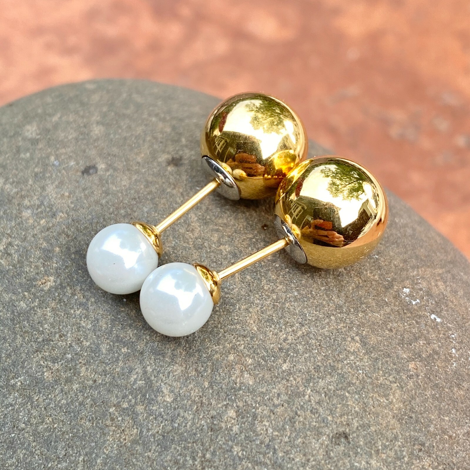 Stainless Steel Double Ended White Pearl + Gold Ball Post Stud Earrings NEW