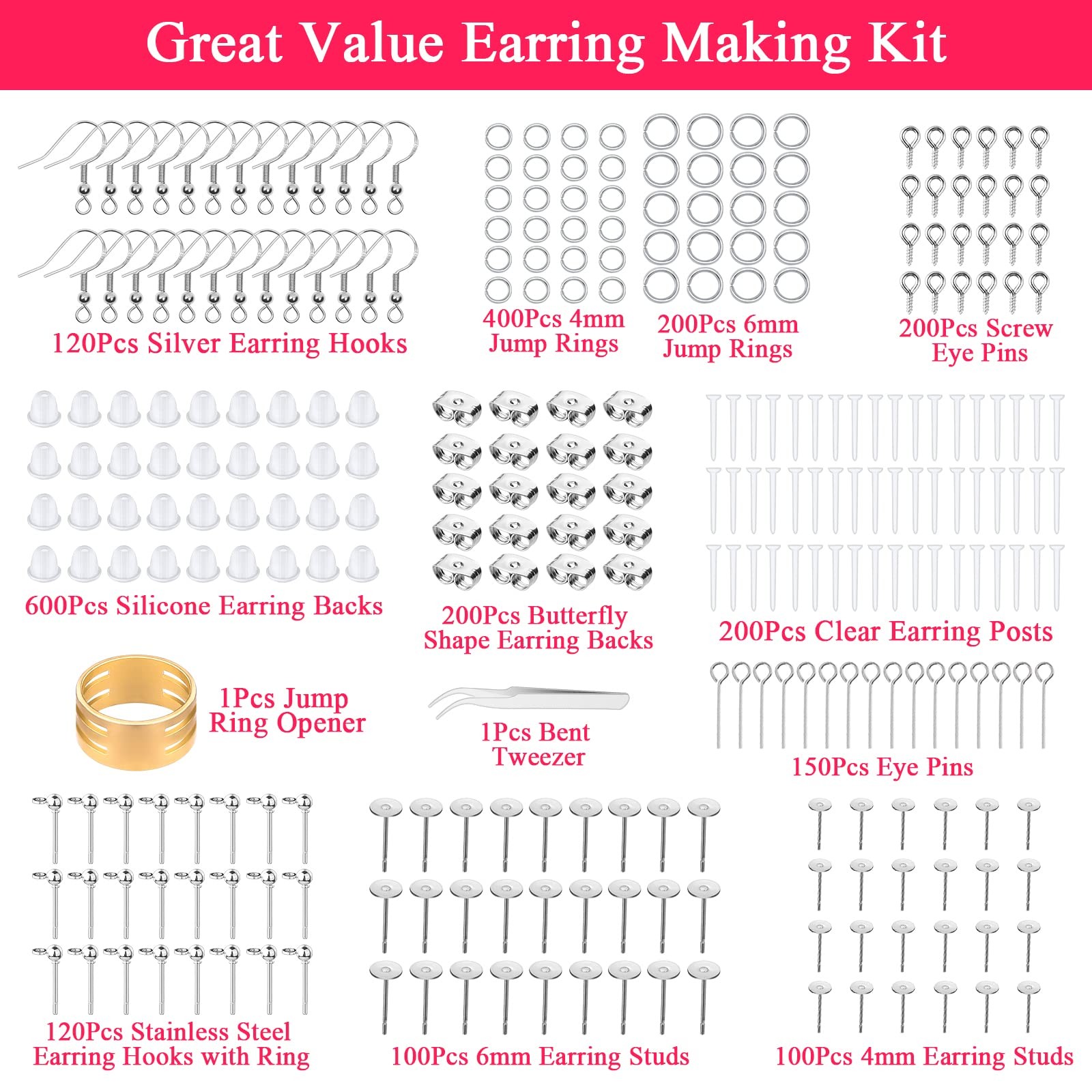 Cludoo Earring Making Kit – 2393 Pcs Hypoallergenic Small, Silver