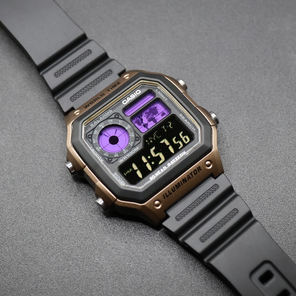CASIO AE-1200WHD. Royale World Time Watch Mod. Purple Filter. Negative Display