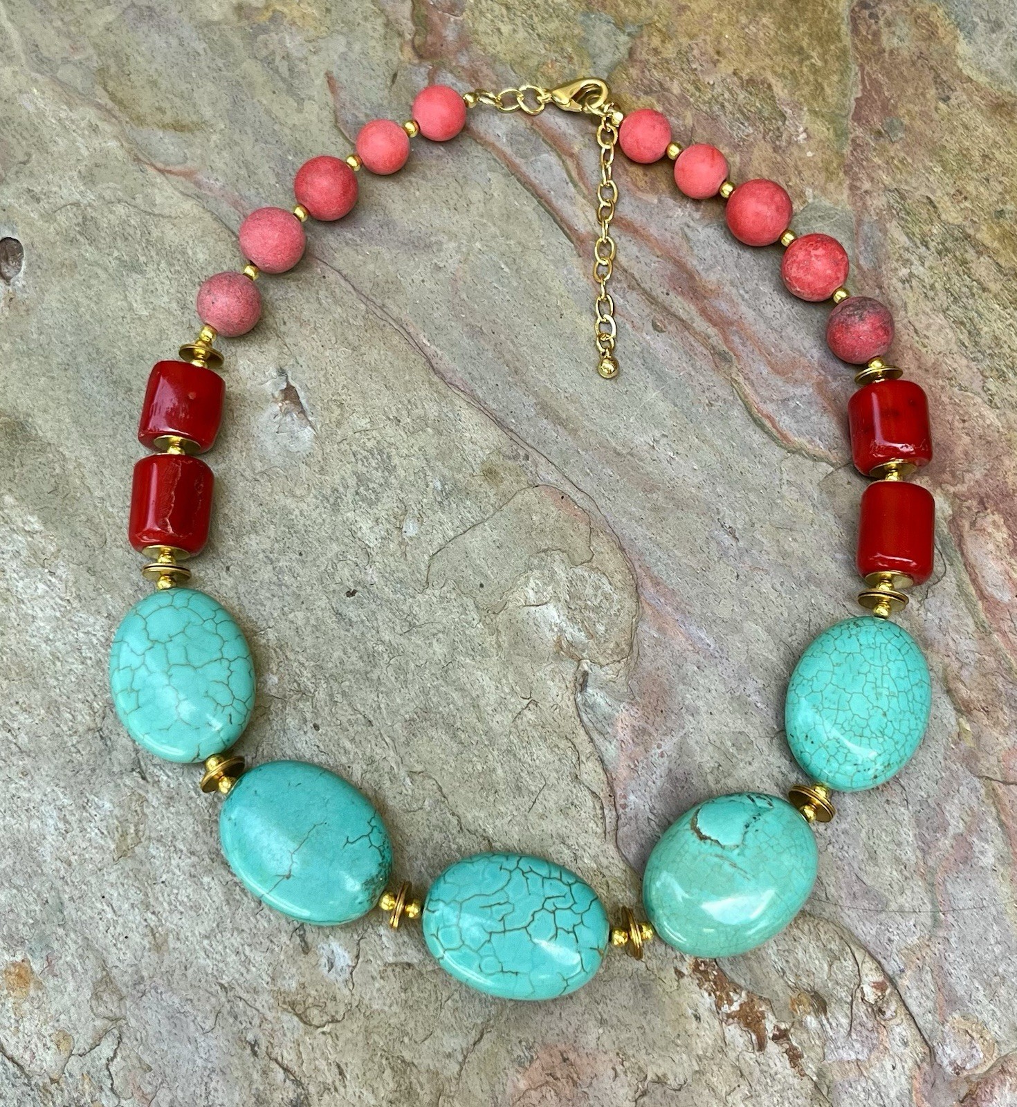Barse NWT Blue Green Turquoise And Red Coral 16” Statement Necklace