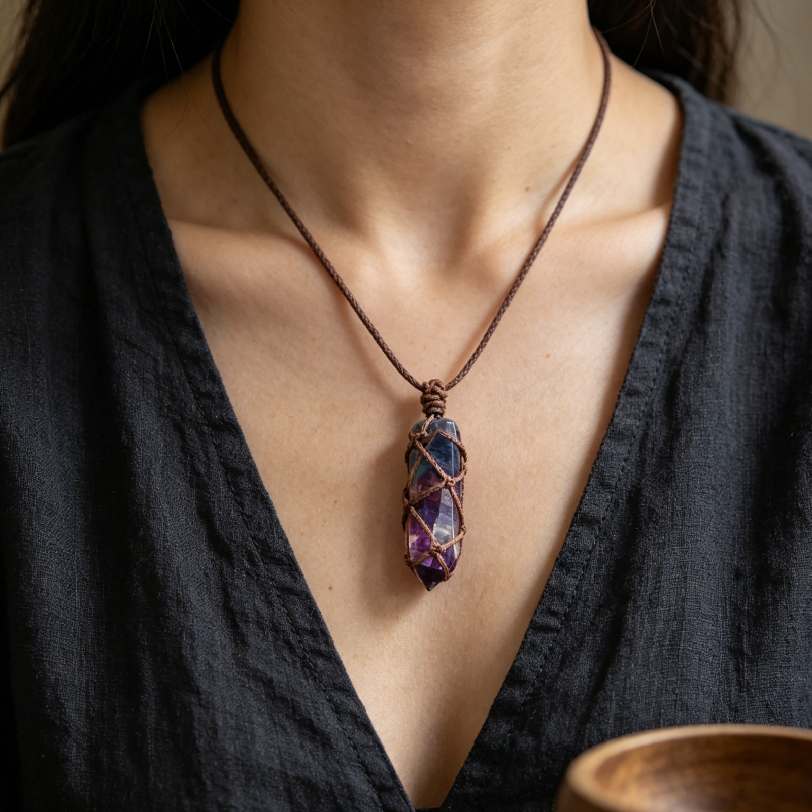 Natural Rainbow Fluorite Double Terminated Pendant Necklace Adjustable Cord