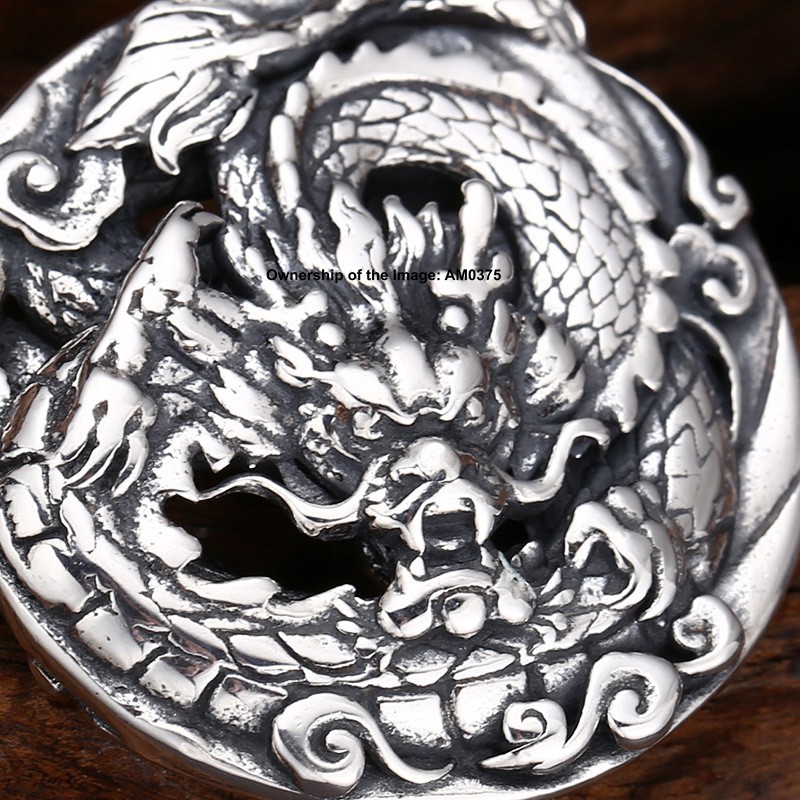 Solid 925 Sterling Silver Pendant Chinese Dragon Round Pendant 29mm H 19-21g