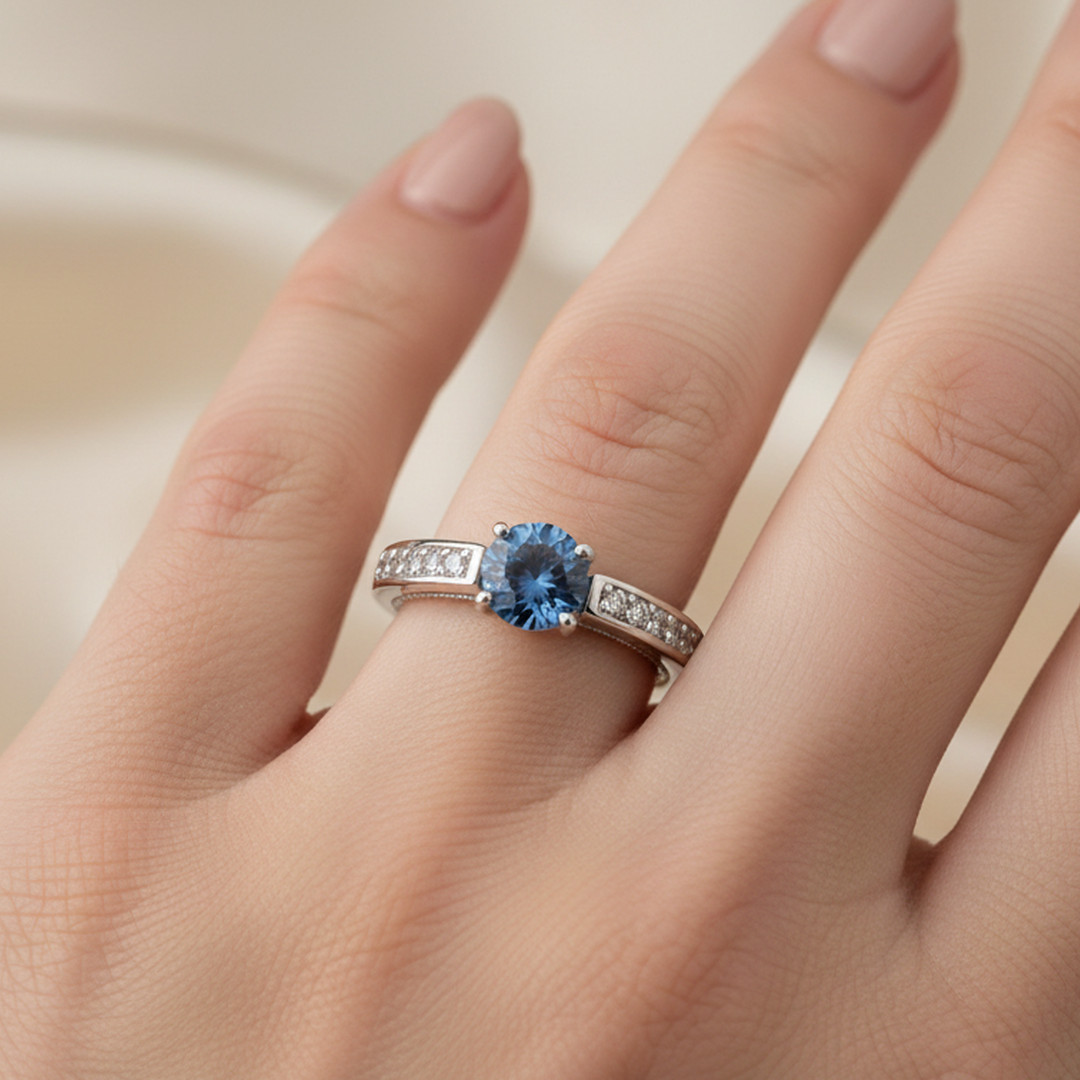 Color-Changing Fluorite Ring – 1.249ctw Blue Fluorite Solitaire with 12 Zircon