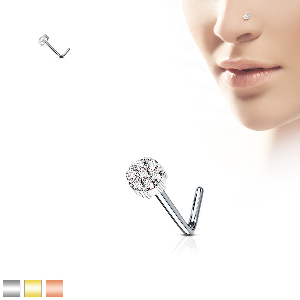 1pc CZ Gem Cluster Flower L-Bend 20g Nose Ring Stud Screw 316L Surgical Steel