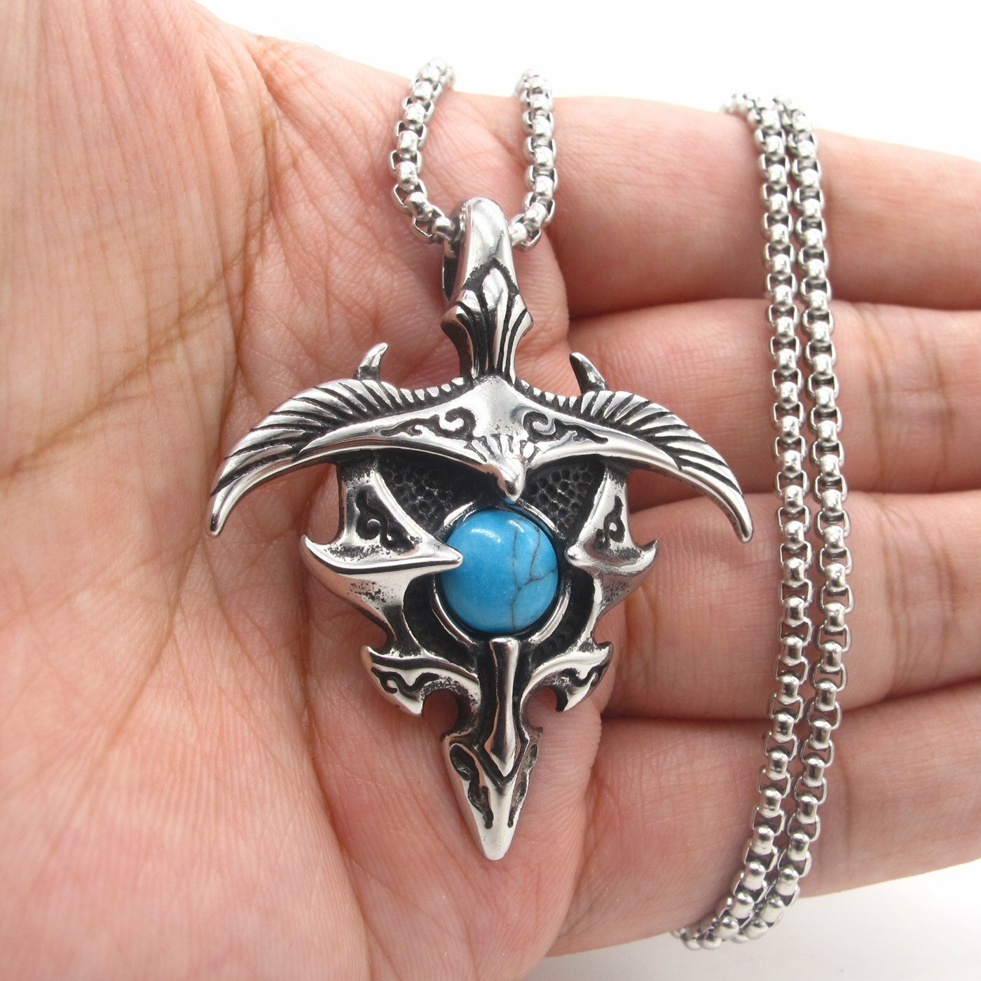MENDEL Mens Native Indian Turquoise Cross Eagle Pendant Necklace Stainless Steel
