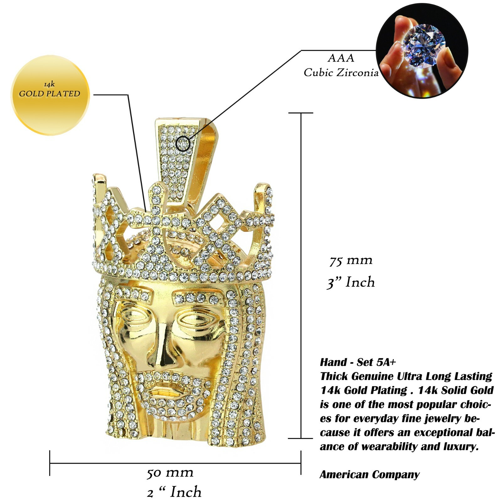 14k Gold Plated XL Jesus Royal Crown Pendant 30″ Cuban Link Chain Cubic Zirconia