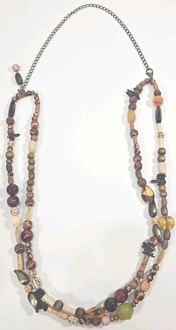 Boho Beaded Necklace Multi Strand Earth Tone Wood Statement 21”