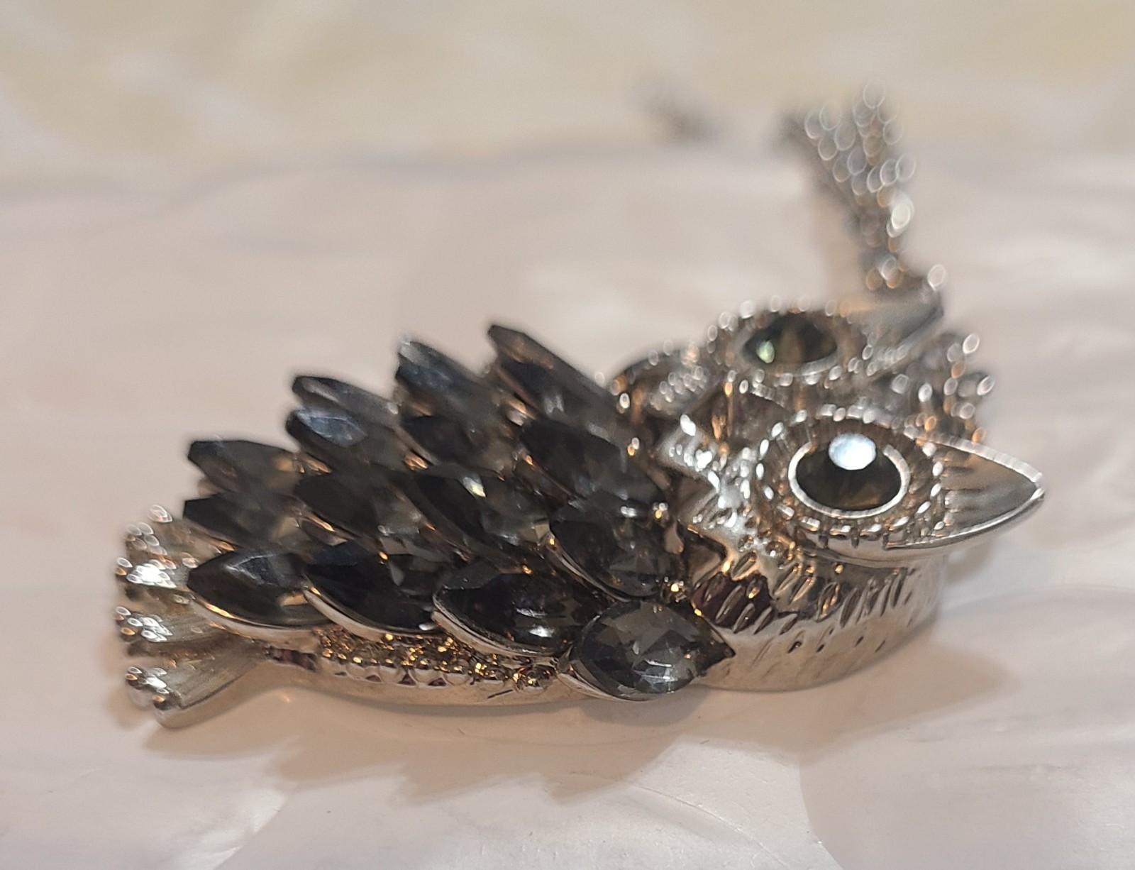 Silver Tone Owl Pendant Necklace w/ Long Chain Black Purple Crystal Rhinestones