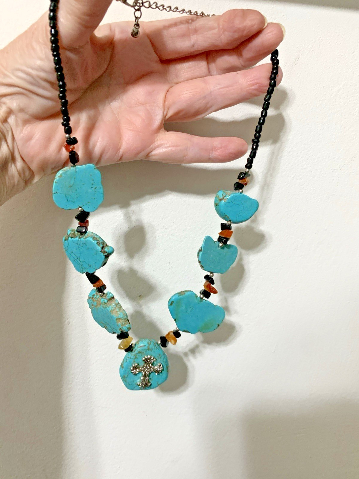 Southwestern Silver tone Chunky Turquoise Slabs, With Orange & Black Beads, 22”