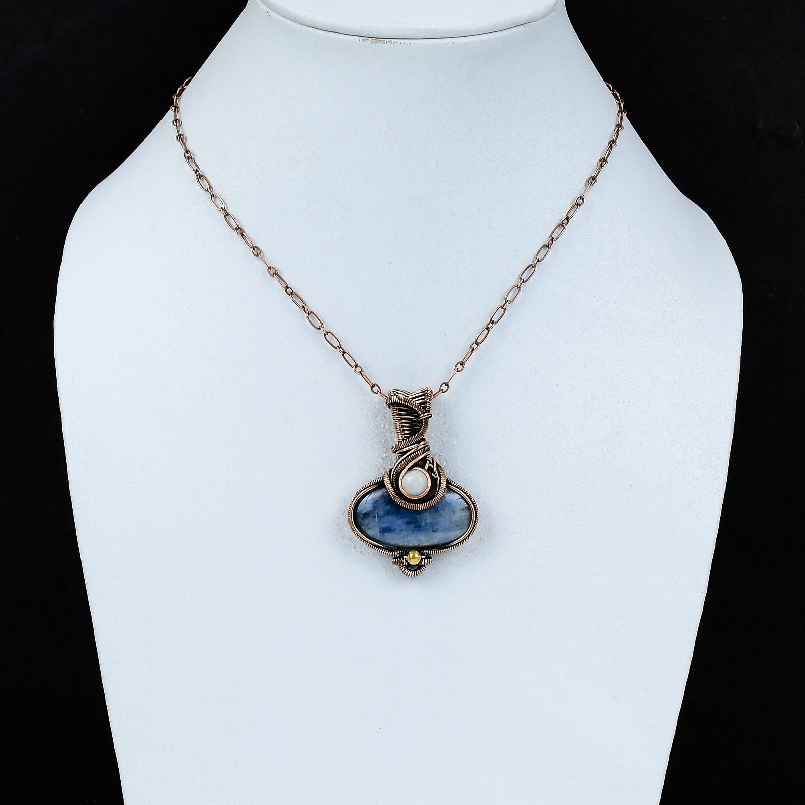 Oval Kyanite Stone Rainbow Moonstone Copper Wire Wrapped Wife Pendant Jewelry