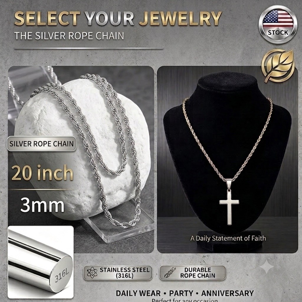 20 Inch Stainless Steel 3mm Rope Cross Pendant Chain