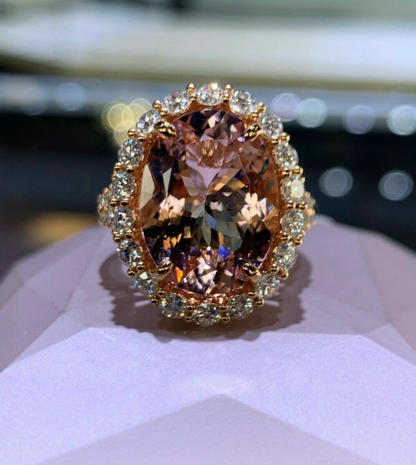 4Ct Oval Cut Morganite and Diamond Halo Engagement Ring In 14K Rose Gold Finish