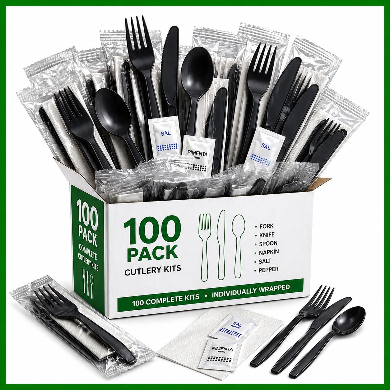 Pack Individually Wrapped Plastic Cutlery Set with Napkin, Salt and Pepper Pa…