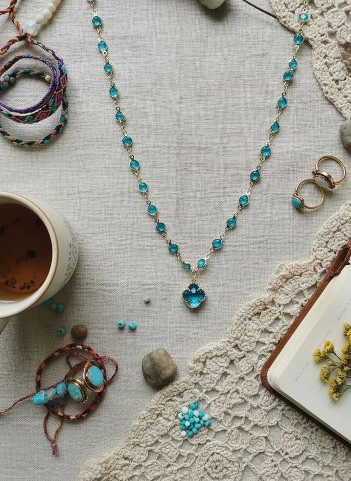 Gold Tone Blue Crystal Clover Station Beaded Necklace