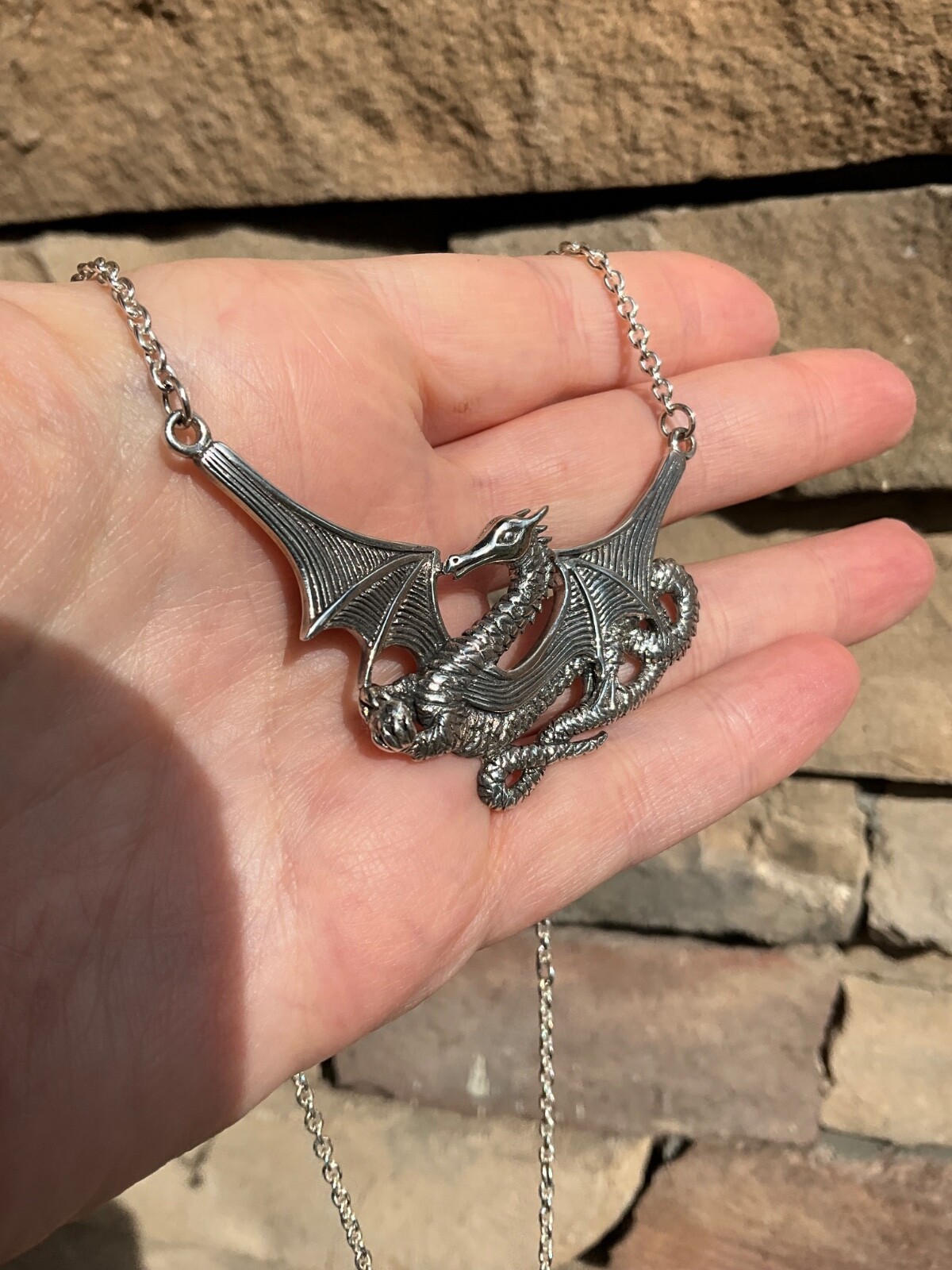 Huge Sterling Silver Dragon Necklace Peter Stone