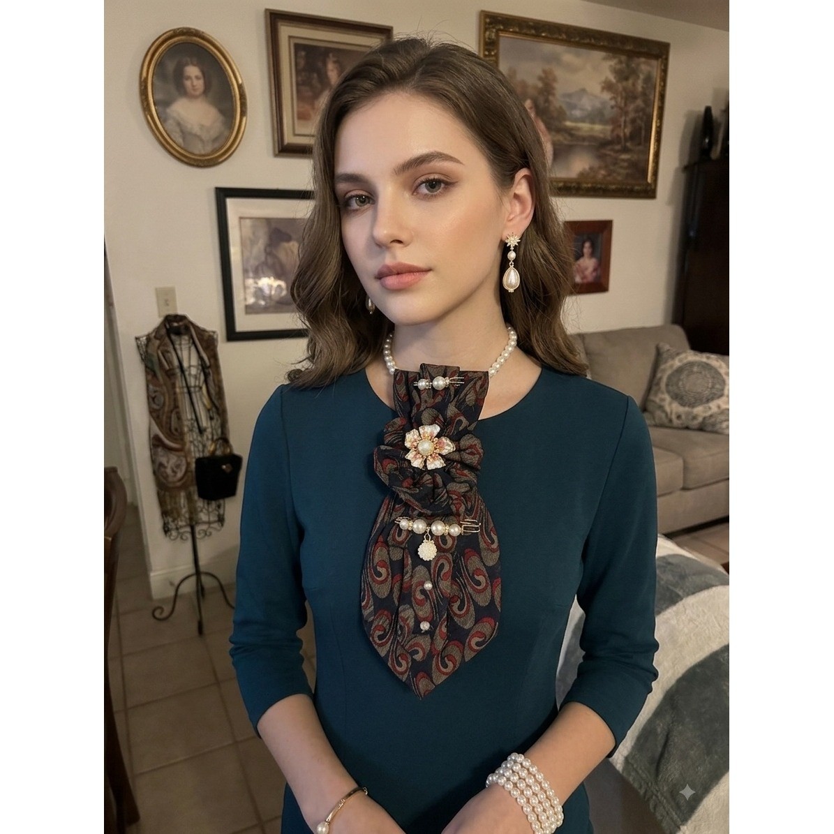 Geoffrey Beene Upcycled Paisley Tie Necklace Set Pearl Earrings & Bracelets